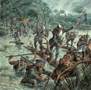 Spanische Sodaten attackieren Fort Caroline während eines Hurrikans Spanische Sodaten attackieren Fort Caroline während eines Hurrikans