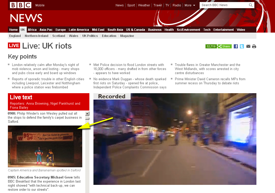 Bananaman und Captain America greifen ein. Screenshot: BBC News